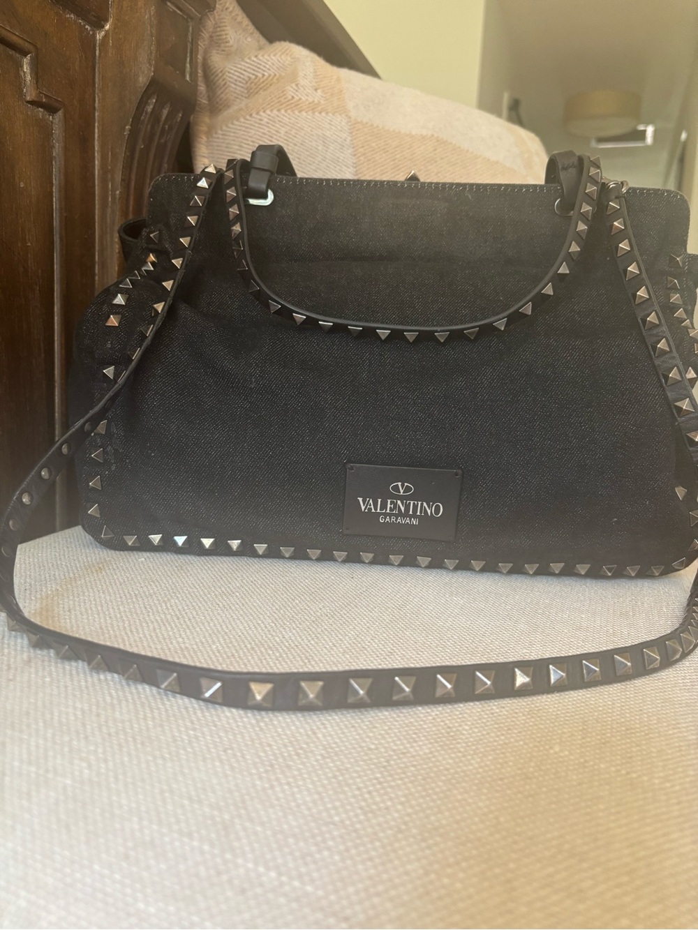 Valentino Garavani Black denim Rockstud Shoulder Bag leather in the inside